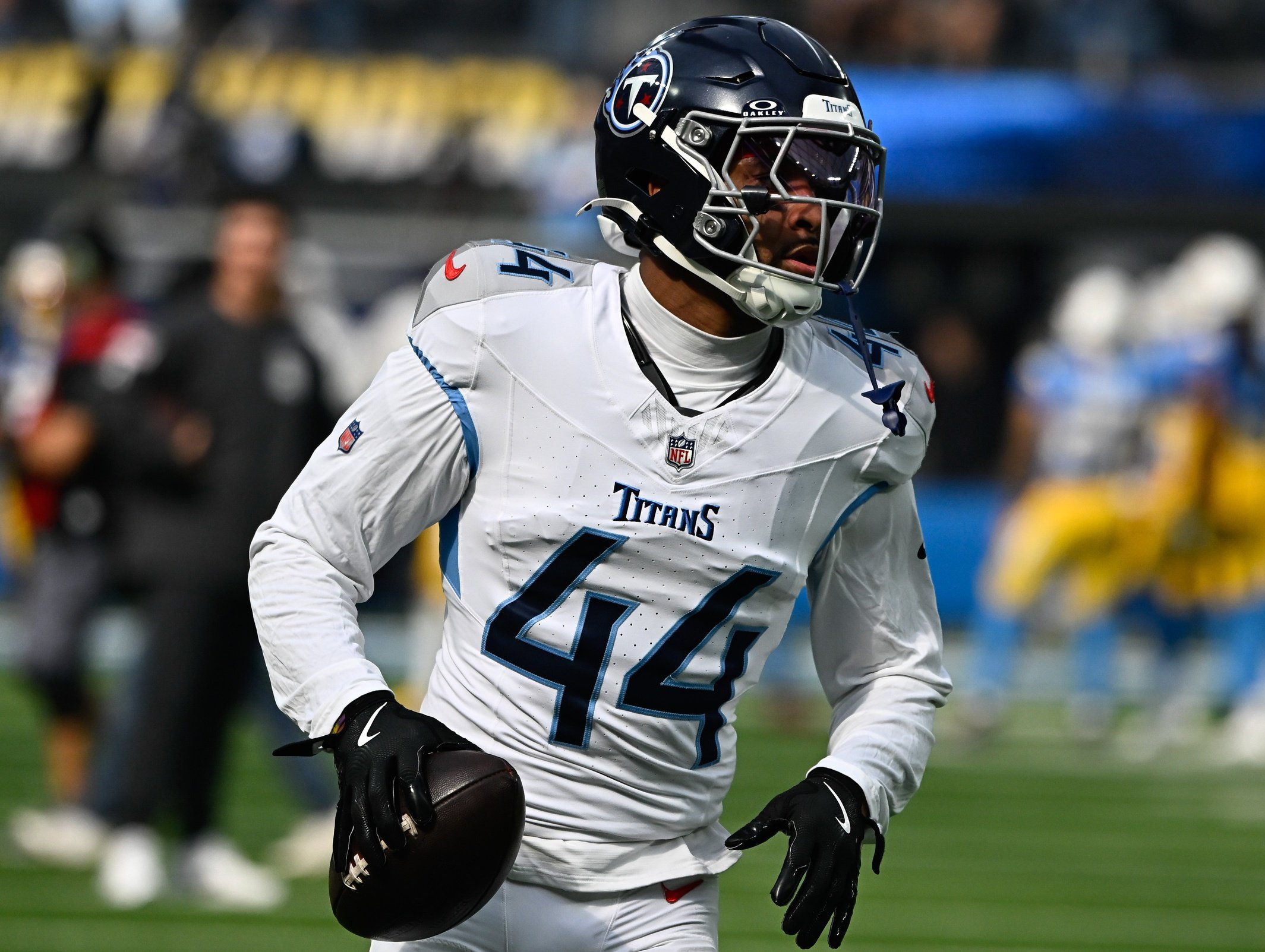 Nov 10, 2024; Inglewood, California, USA; Tennessee Titans safety Mike Brown (44) during an NFL game against the Los Angeles Chargers at SoFi Stadium. Mandatory Credit: Robert Hanashiro-Imagn Images