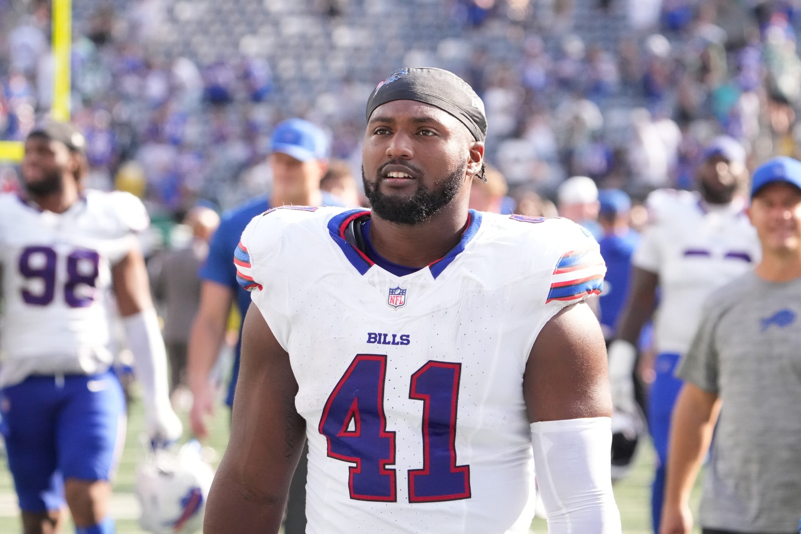 Sep 14, 2025; East Rutherford, New Jersey, USA;  Buffalo Bills fullback Reggie Gilliam (41) after the game against the New York Jets at MetLife Stadium. Mandatory Credit: Robert Deutsch-Imagn Images