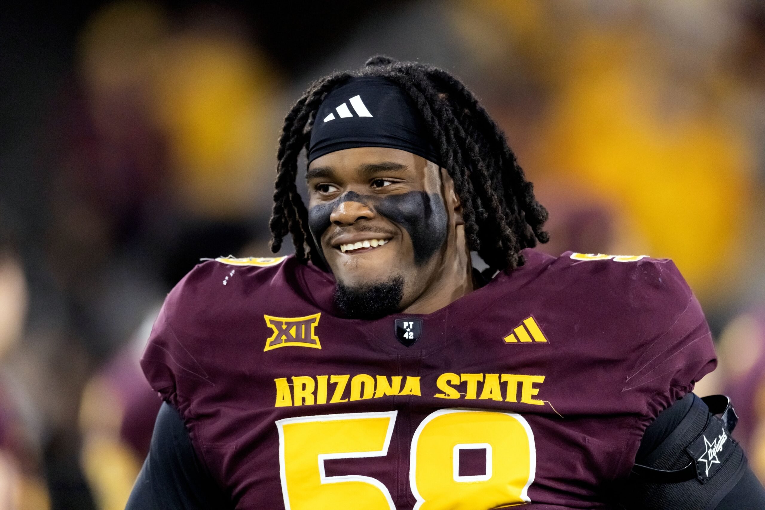 Nov 28, 2025; Tempe, Arizona, USA; Arizona State Sun Devils offensive lineman Max Iheanachor (58) against the Arizona Wildcats during the 99th Territorial Cup at Mountain America Stadium. Mandatory Credit: Mark J. Rebilas-Imagn Images