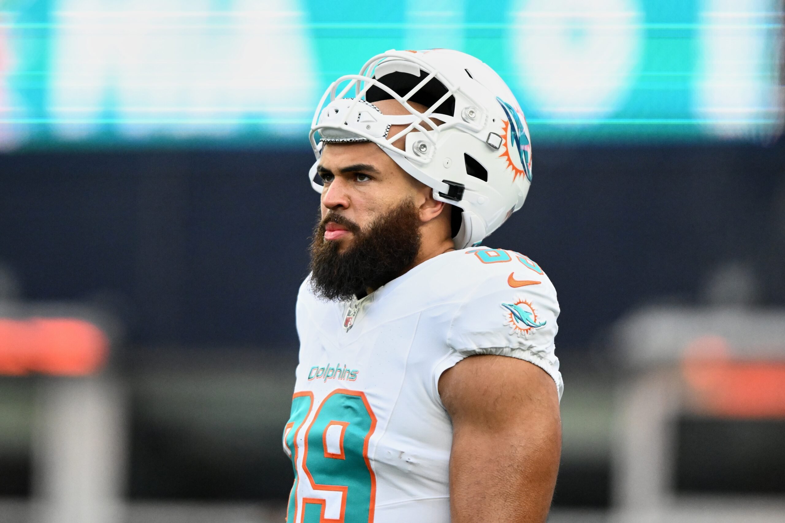Jan 4, 2026; Foxborough, Massachusetts, USA; Miami Dolphins tight end Julian Hill (89) looks on before the game against the New England Patriots at Gillette Stadium. Mandatory Credit: Brian Fluharty-Imagn Images