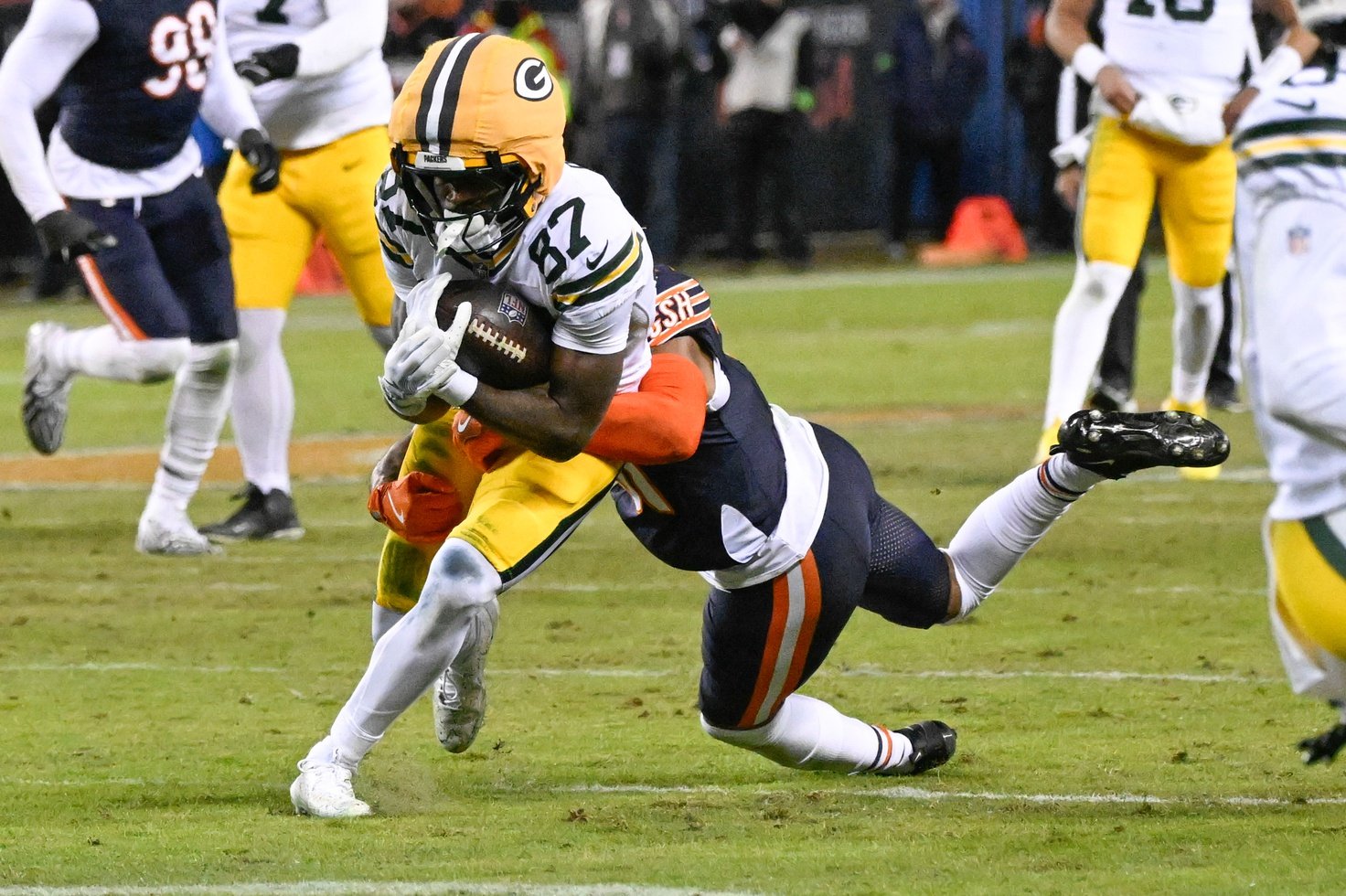 Jan 10, 2026; Chicago, IL, USA; in Green Bay Packers wide receiver Romeo Doubs (87) runs against Chicago Bears safety Kevin Byard III (31) an NFC Wild Card Round game at Soldier Field. Mandatory Credit: Matt Marton-Imagn Images