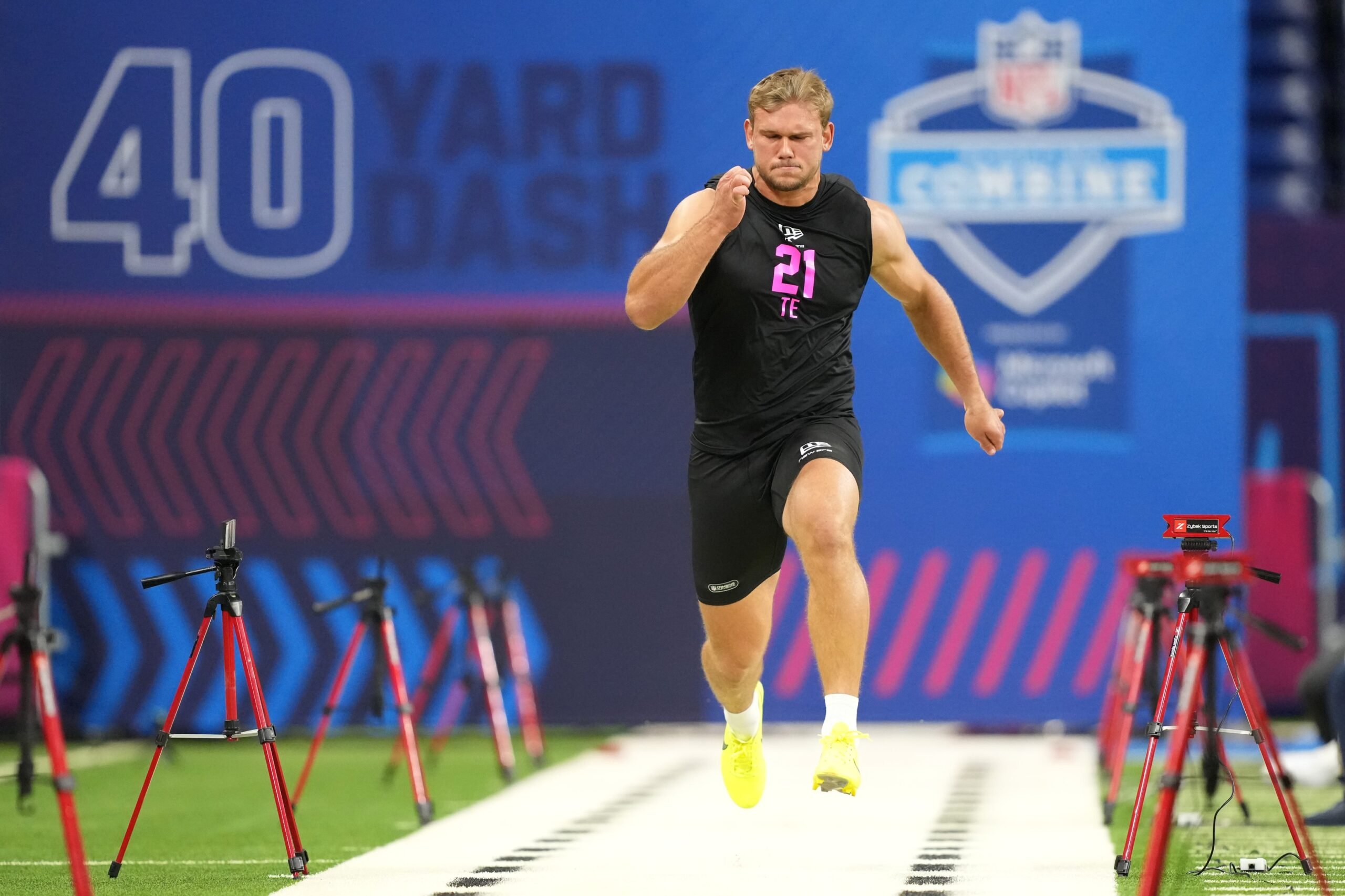 Feb 27, 2026; Indianapolis, IN, USA; Stanford tight end  Sam Roush (TE21) during the NFL Scouting Combine at Lucas Oil Stadium. Mandatory Credit: Kirby Lee-Imagn Images