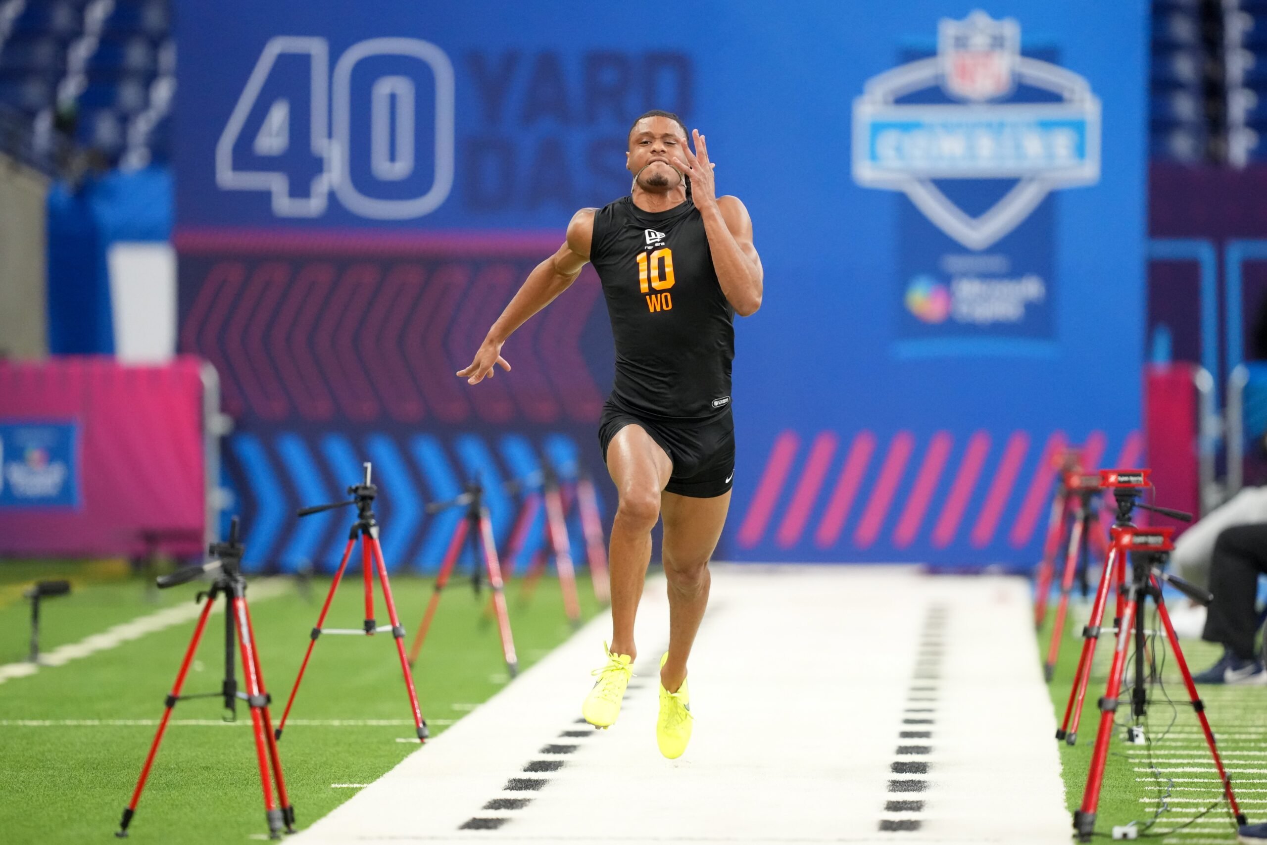 Feb 28, 2026; Indianapolis, IN, USA; Tennessee wideout Chris Brazzell (WO10) during the NFL Scouting Combine at Lucas Oil Stadium. Mandatory Credit: Kirby Lee-Imagn Images
