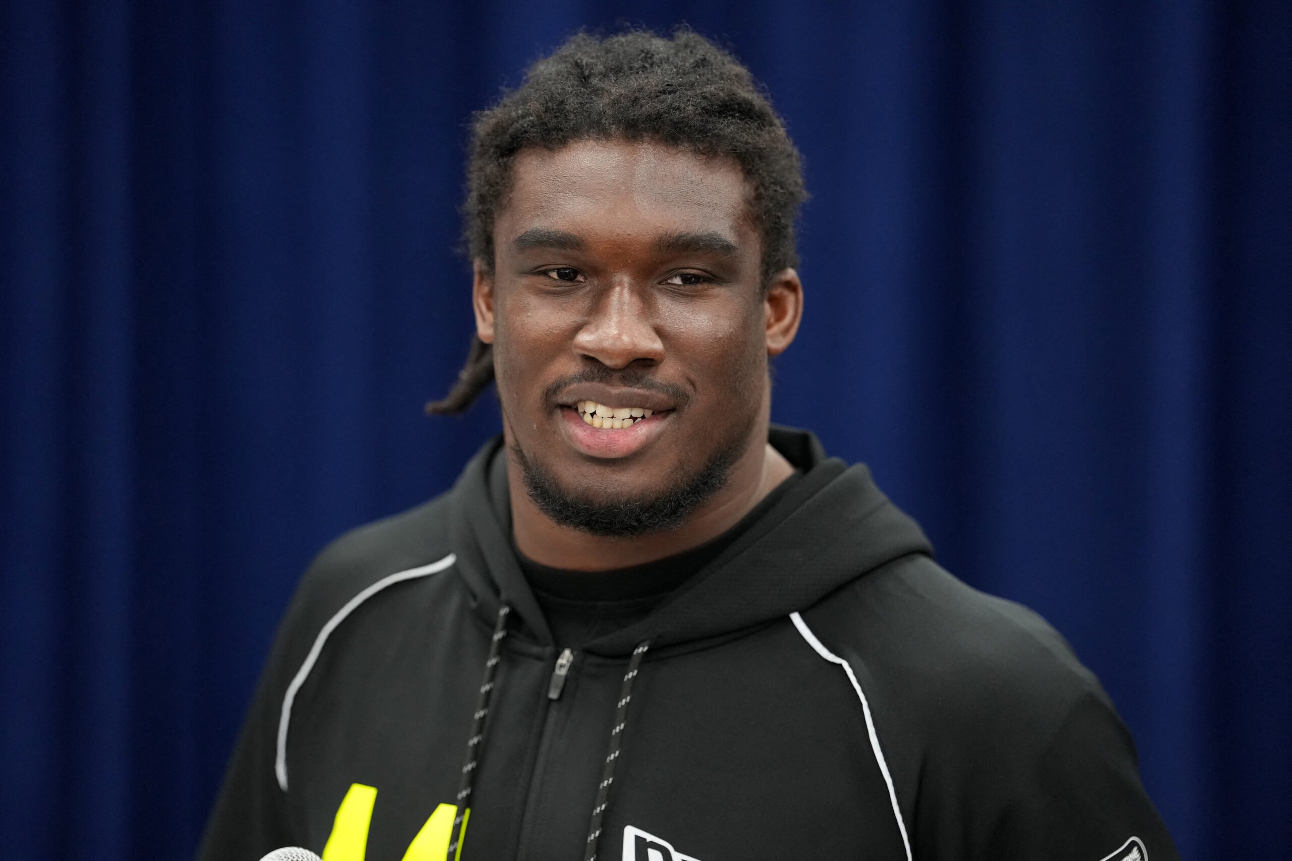 Feb 25, 2026; Indianapolis, IN, USA;  Illinois defensive lineman Gabe Jacas (DL44) speaks during the NFL Scouting Combine at the Indiana Convention Center. Mandatory Credit: Kirby Lee-Imagn Images