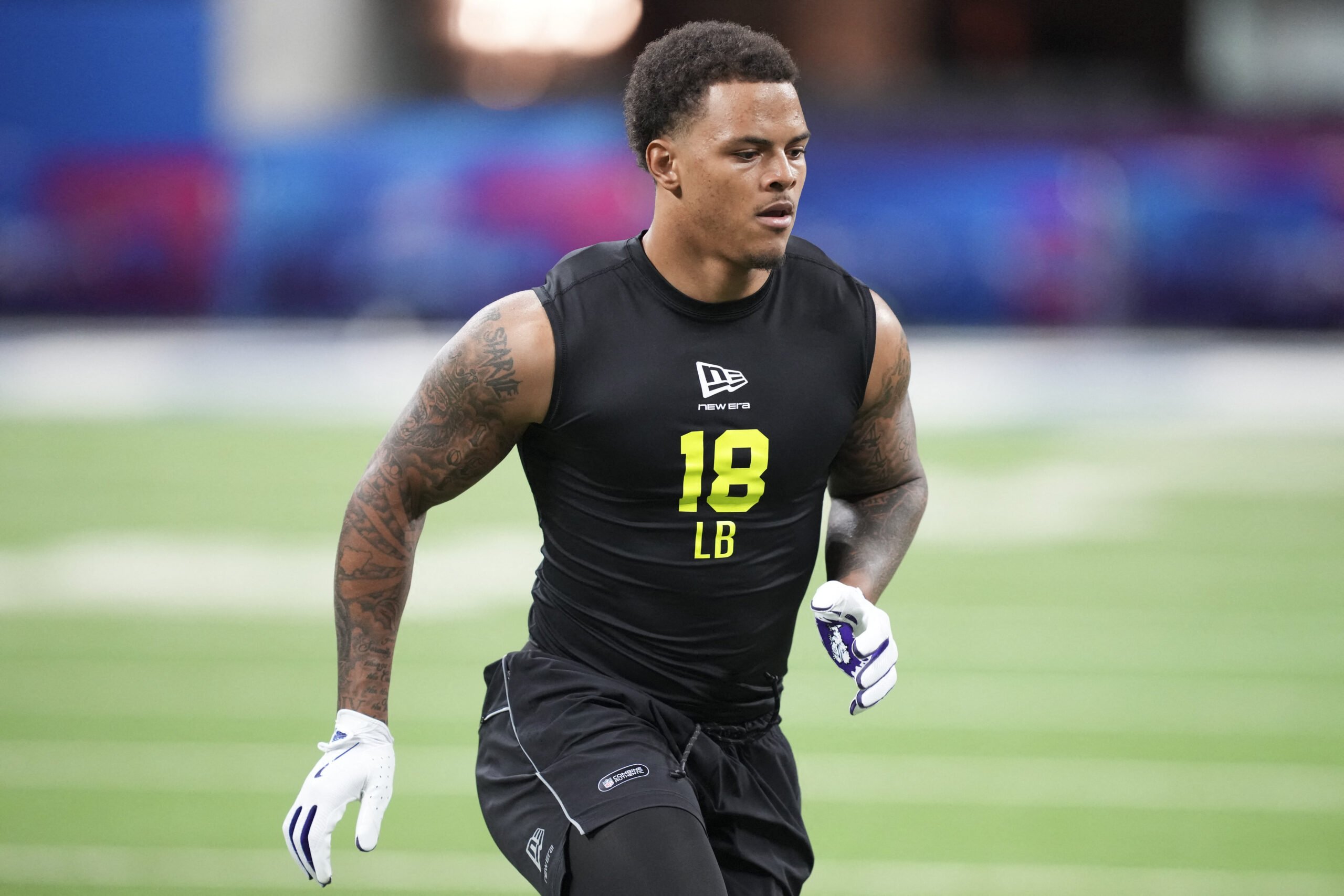 Feb 26, 2026; Indianapolis, IN, USA;  TCU linebacker Namdi Obiazor (LB18) during the NFL Scouting Combine at Lucas Oil Stadium. Mandatory Credit: Kirby Lee-Imagn Images