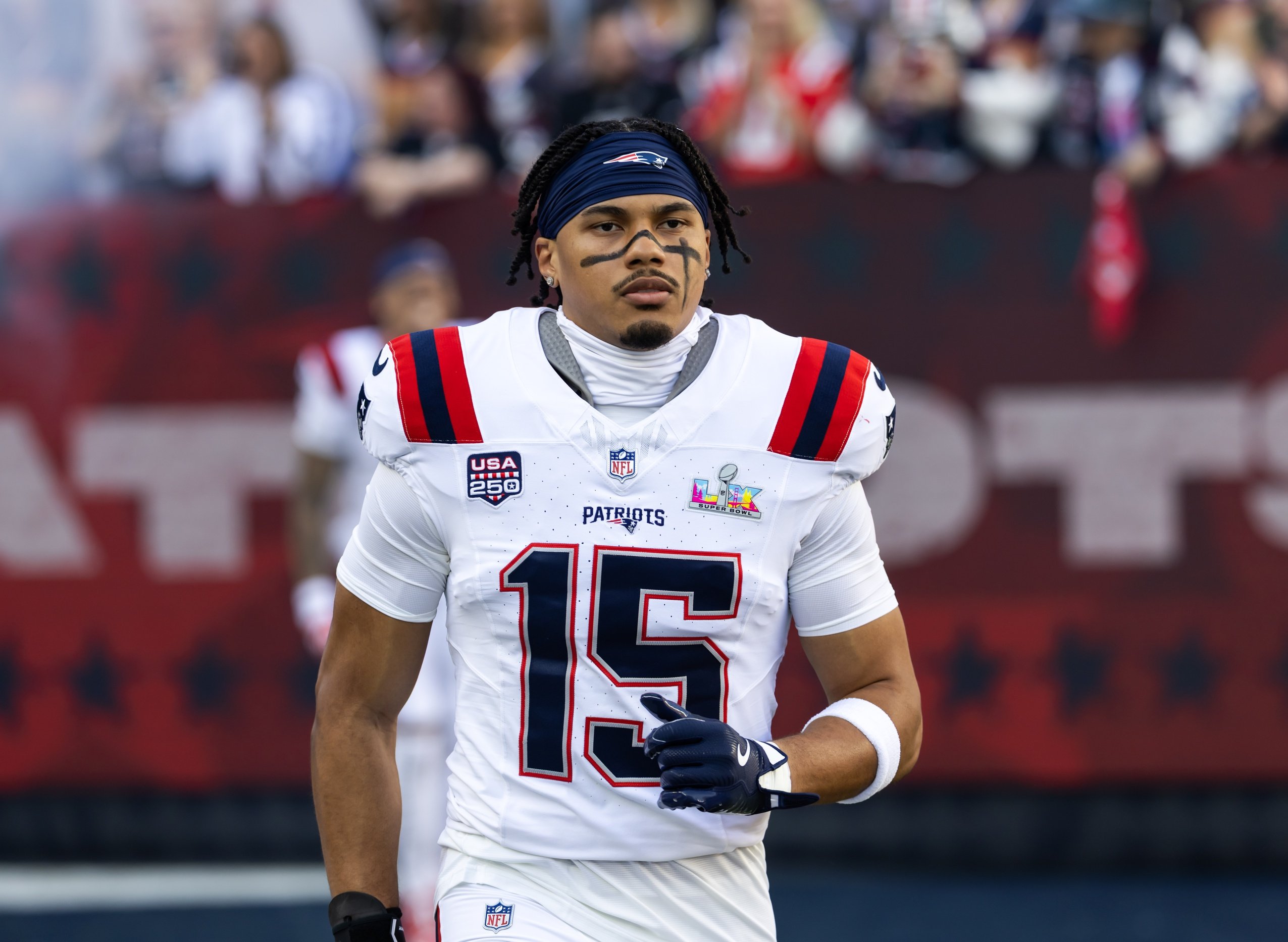 Feb 8, 2026; Santa Clara, CA, USA; New England Patriots linebacker Marte Mapu (15) against the Seattle Seahawks during Super Bowl LX at Levi's Stadium. Mandatory Credit: Mark J. Rebilas-Imagn Images