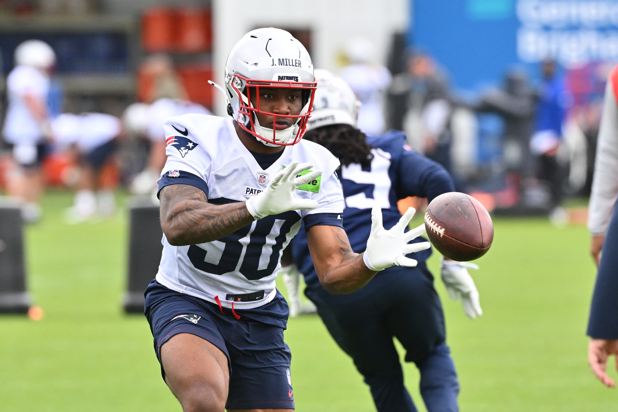 May 9, 2026; Foxborough, MA, USA; New England Patriots running back Jam Miller (30) makes a catch during the New England Patriots rookie camp at Gillette Stadium. Mandatory Credit: Eric Canha-Imagn Images