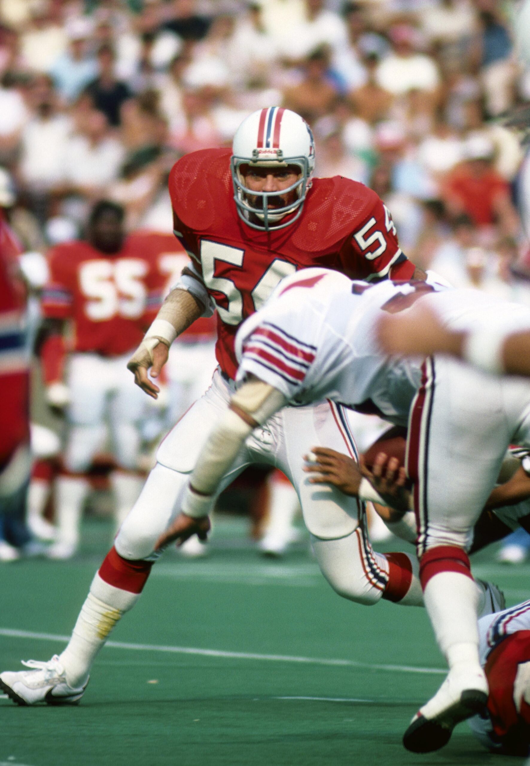 Sep 10, 1978; St. Louis, MO, USA; FILE PHOTO; New England Patriots linebacker Steve Zabel (54) on the field against the St. Louis Cardinals at Busch Stadium. Mandatory Credit: Manny Rubio-USA TODAY Sports