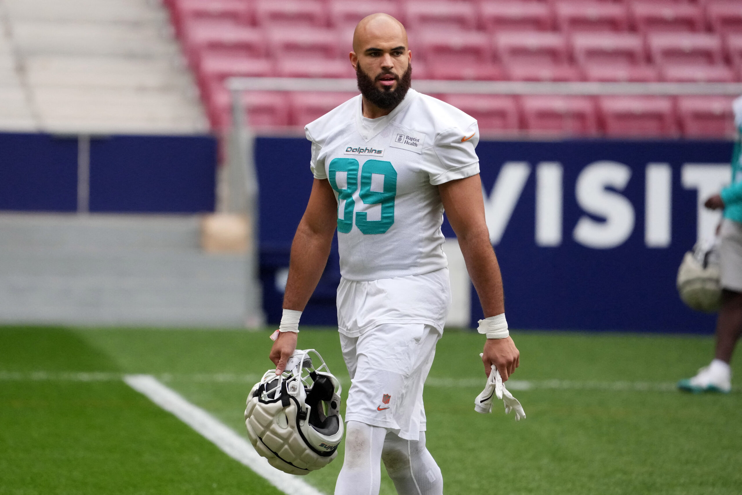 Nov 14, 2025; Madrid, Spain; Miami Dolphins tight end Julian Hill (89) during practice at Estadio Riyadh Air Metropolitano. Mandatory Credit: Kirby Lee-Imagn Images