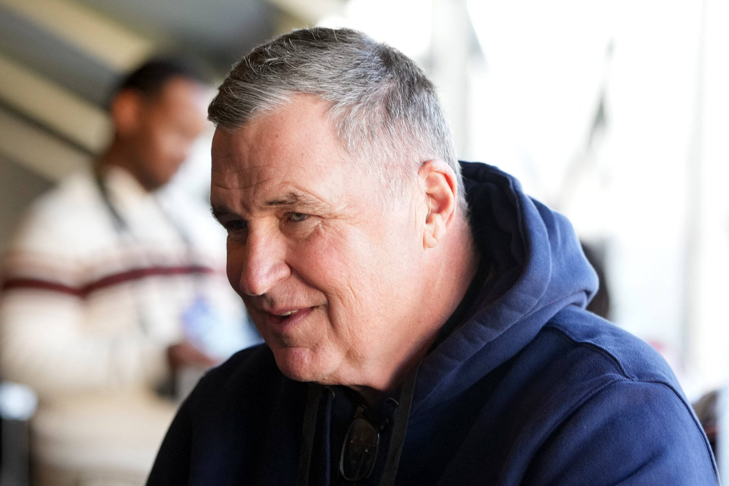 Feb 5, 2026; Santa Clara, CA, USA; New England Patriots offensive line coach Doug Marrone talks to media members at the Santa Clara Marriott. Mandatory Credit: Darren Yamashita-Imagn Images