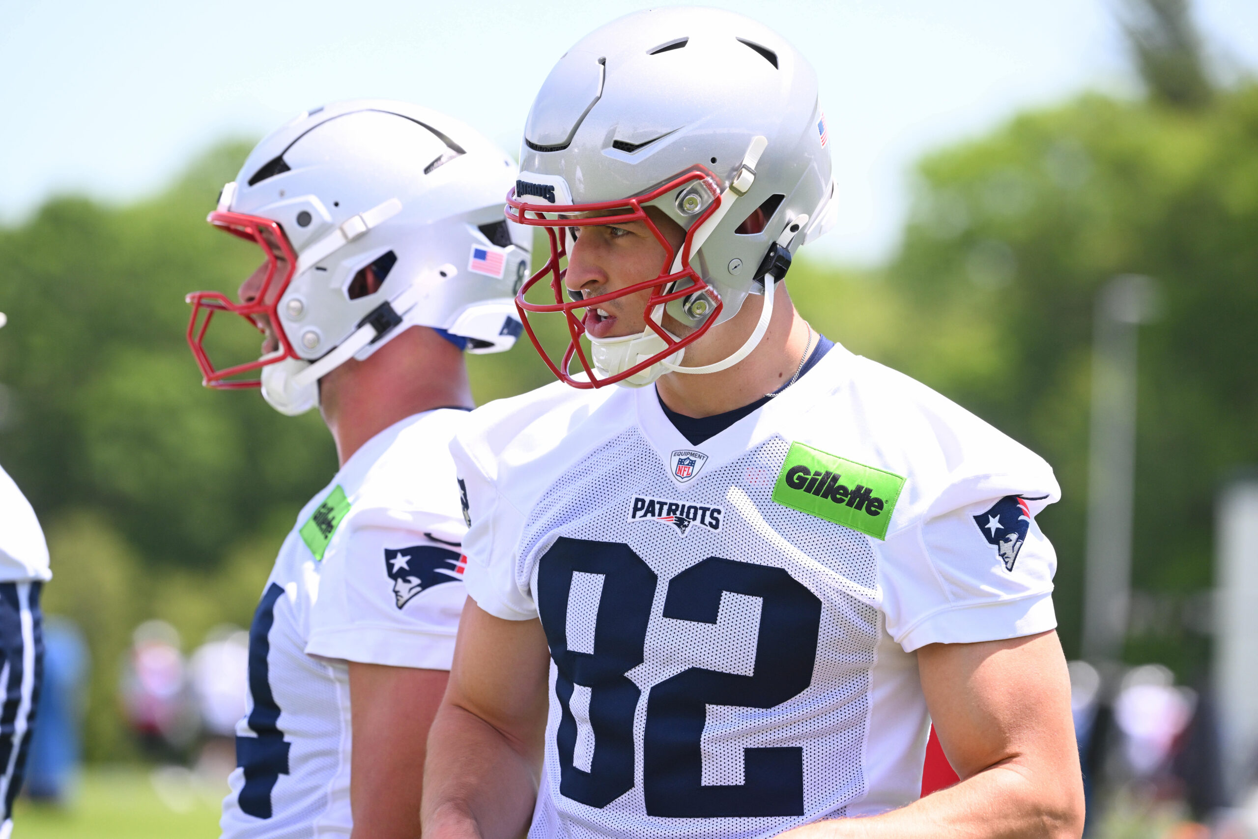 Jun 2, 2026; Foxborough, MA, USA; New England Patriots tight end Eli Raridon (82) looks on during the team's OTA at Gillette Stadium. Mandatory Credit: Eric Canha-Imagn Images