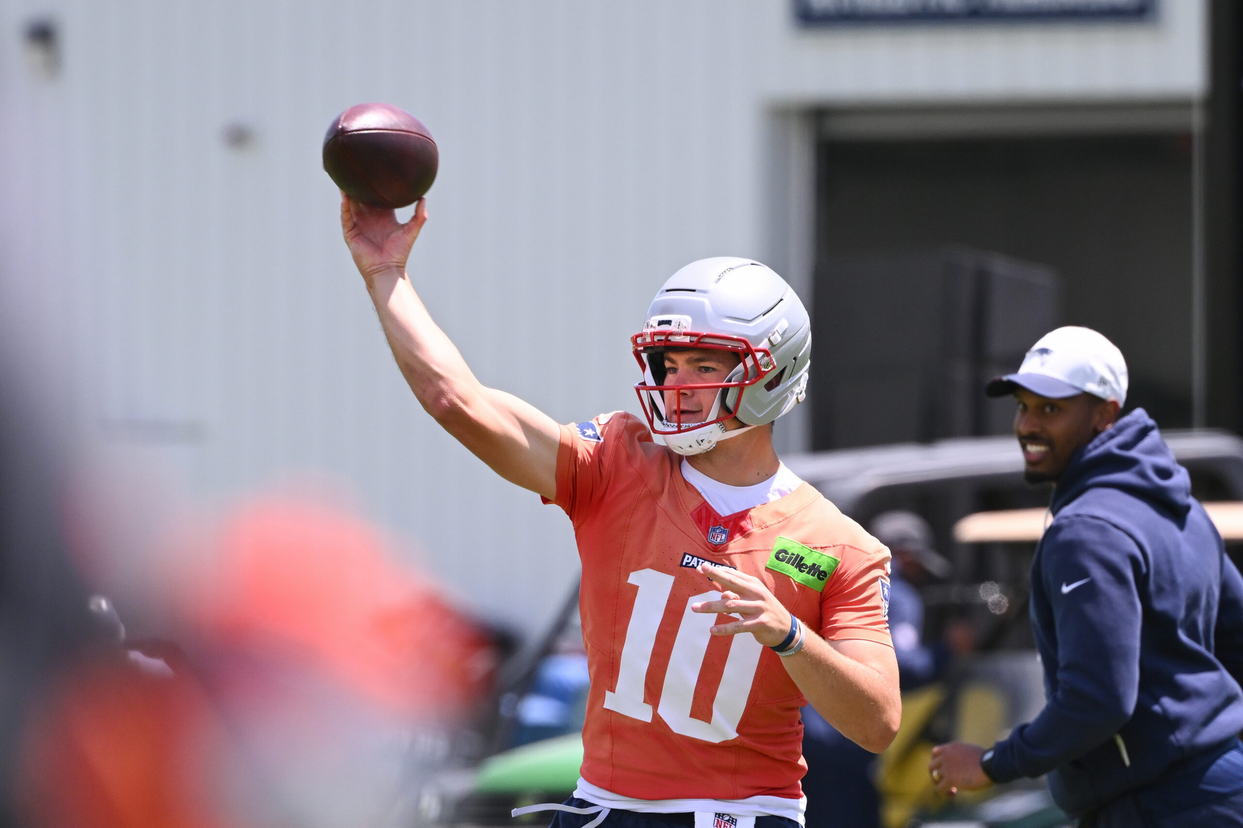 Jun 2, 2026; Foxborough, MA, USA; New England Patriots quarterback Drake Maye (10) throws a pass during the team's OTA at Gillette Stadium. Mandatory Credit: Eric Canha-Imagn Images