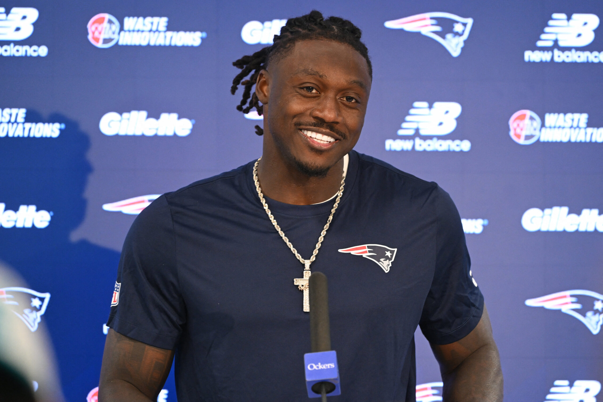 Jun 2, 2026; Foxborough, MA, USA; New England Patriots wide receiver A.J. Brown (1) speaks at a press conference after  practice at the team's OTA at Gillette Stadium. Mandatory Credit: Eric Canha-Imagn Images
