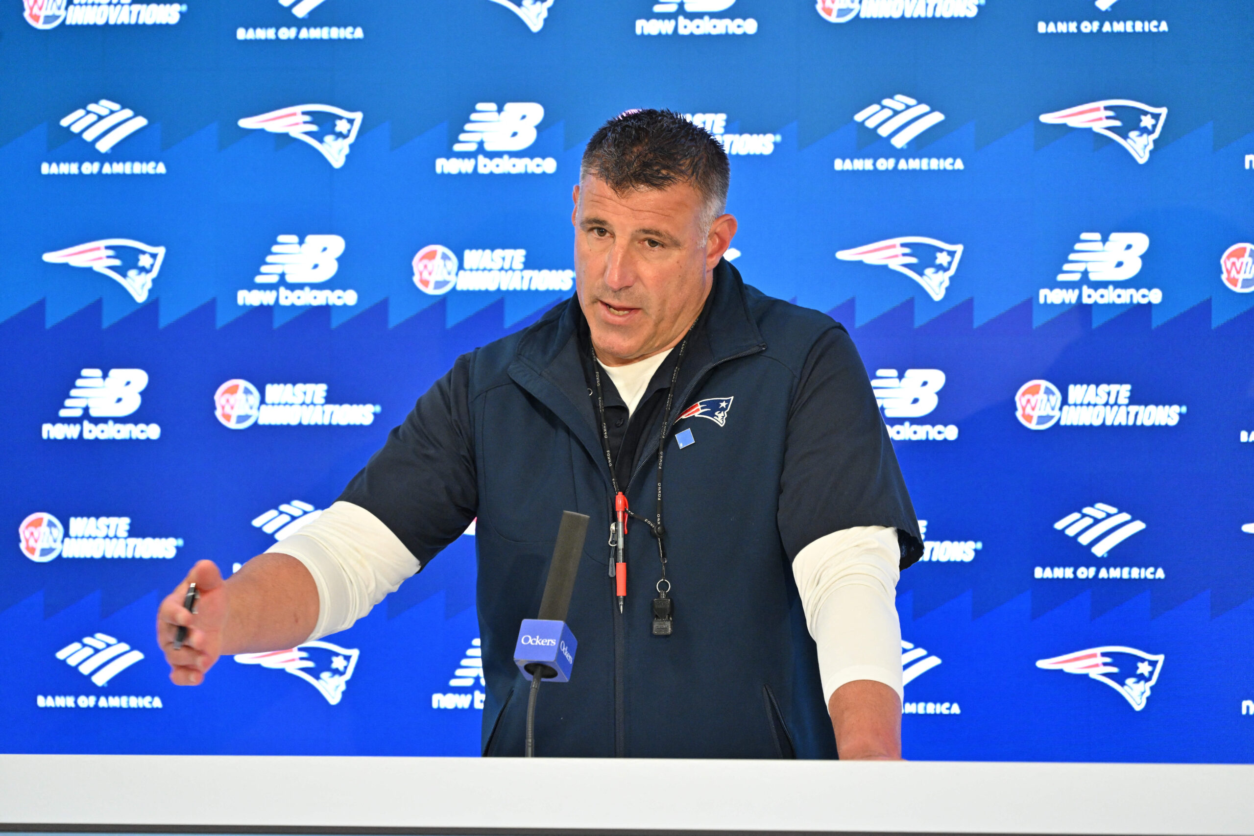 Jun 9, 2026; Foxborough, MA, USA; New England Patriots head coach Mike Vrabel holds a press conference before the start of minicamp practice at Gillette Stadium. Mandatory Credit: Eric Canha-Imagn Images