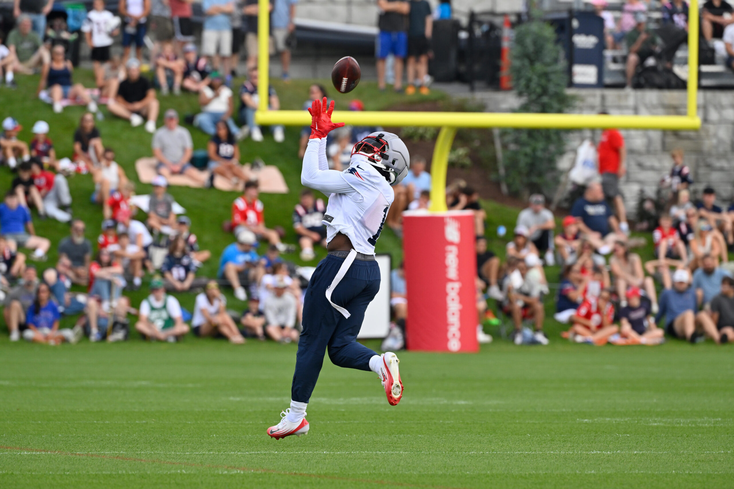 Jul 28, 2026; Foxborough, MA, USA; New England Patriots wide receiver A.J. Brown (1) makes a catch during training camp at Gillette Stadium. Mandatory Credit: Eric Canha-Imagn Images