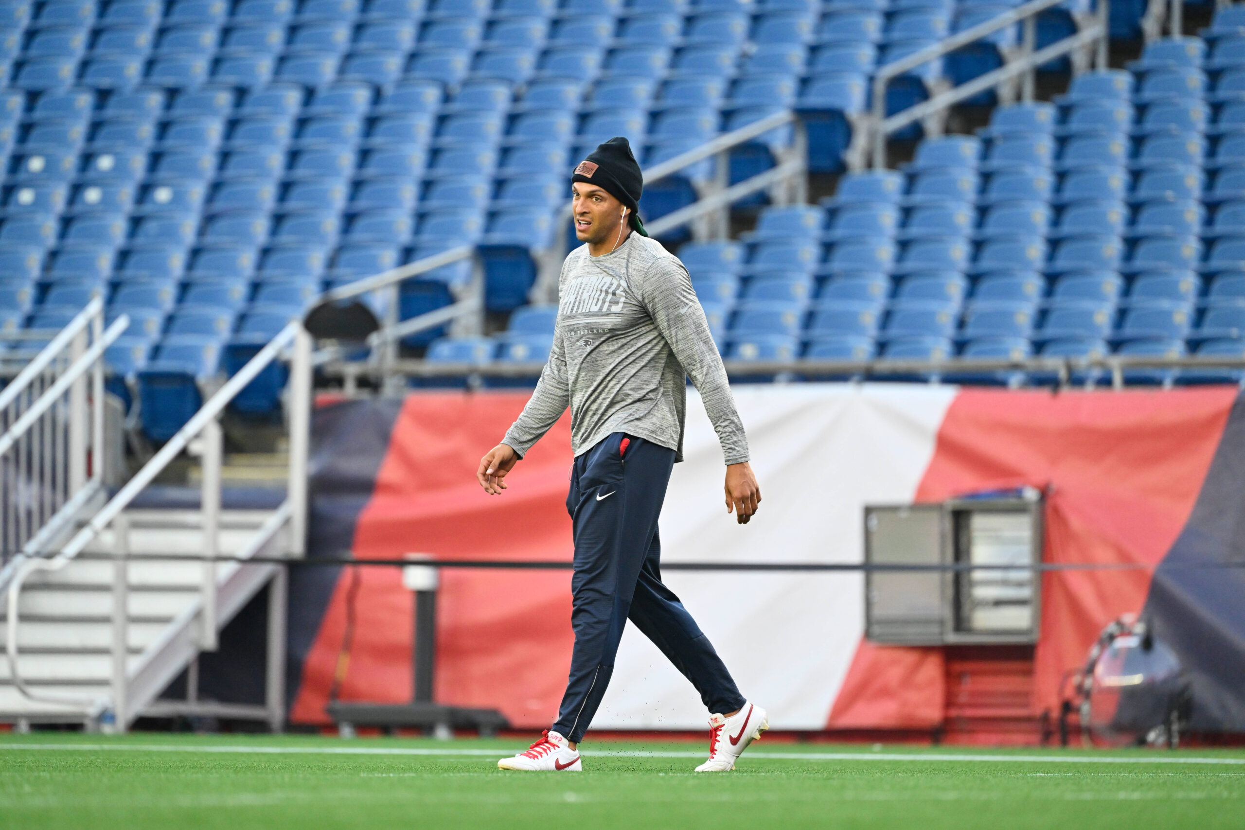 Aug 13, 2026; Foxborough, Massachusetts, USA; New England Patriots wide receiver Mack Hollins (13) looks on before a game against the Indianapolis Colts at Gillette Stadium. Mandatory Credit: Eric Canha-Imagn Images
