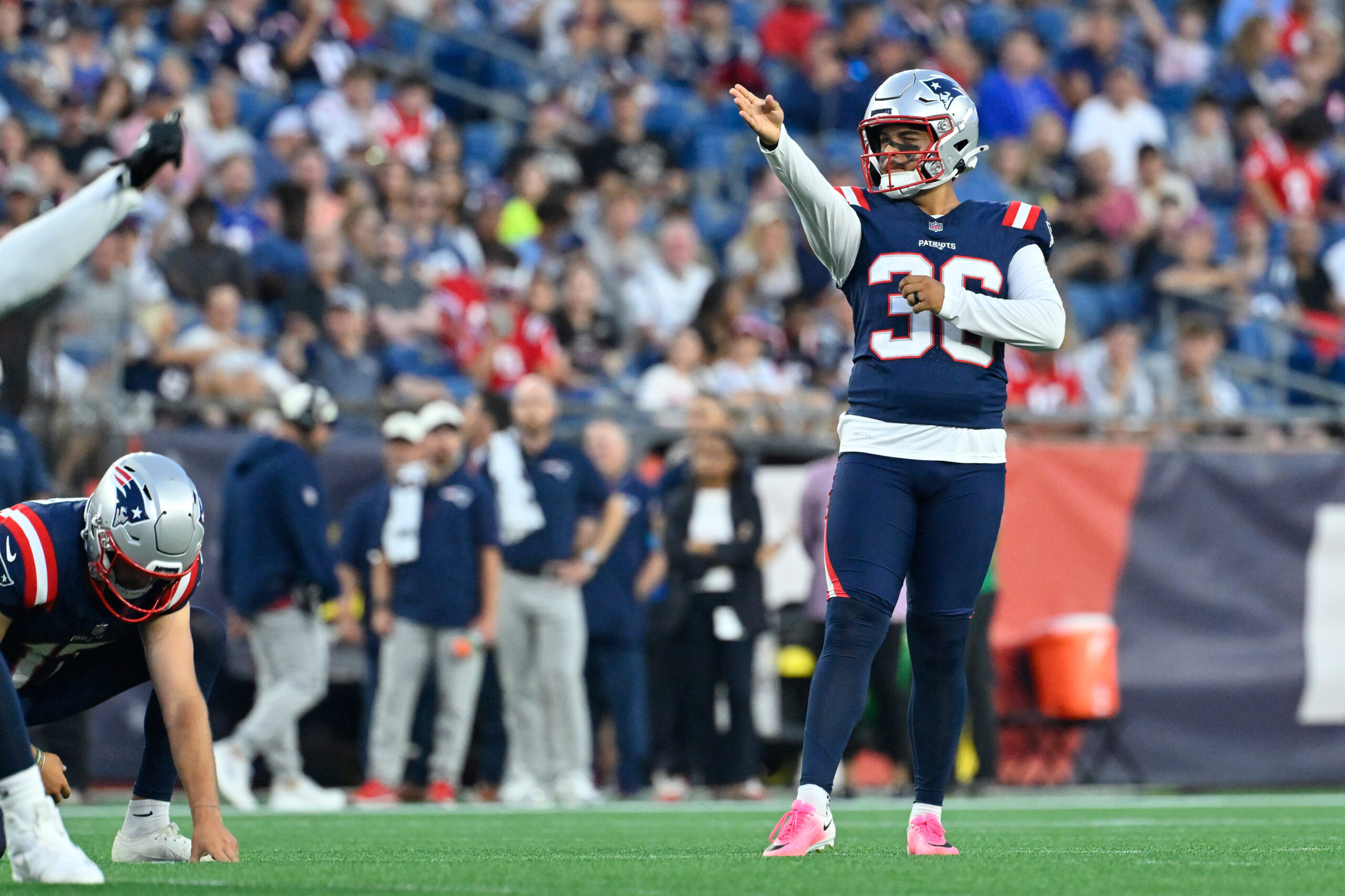 Aug 13, 2026; Foxborough, Massachusetts, USA; New England Patriots place kicker Andy Borregales (36) lines up his field goal kick against the Indianapolis Colts during the first half at Gillette Stadium. Mandatory Credit: Eric Canha-Imagn Images