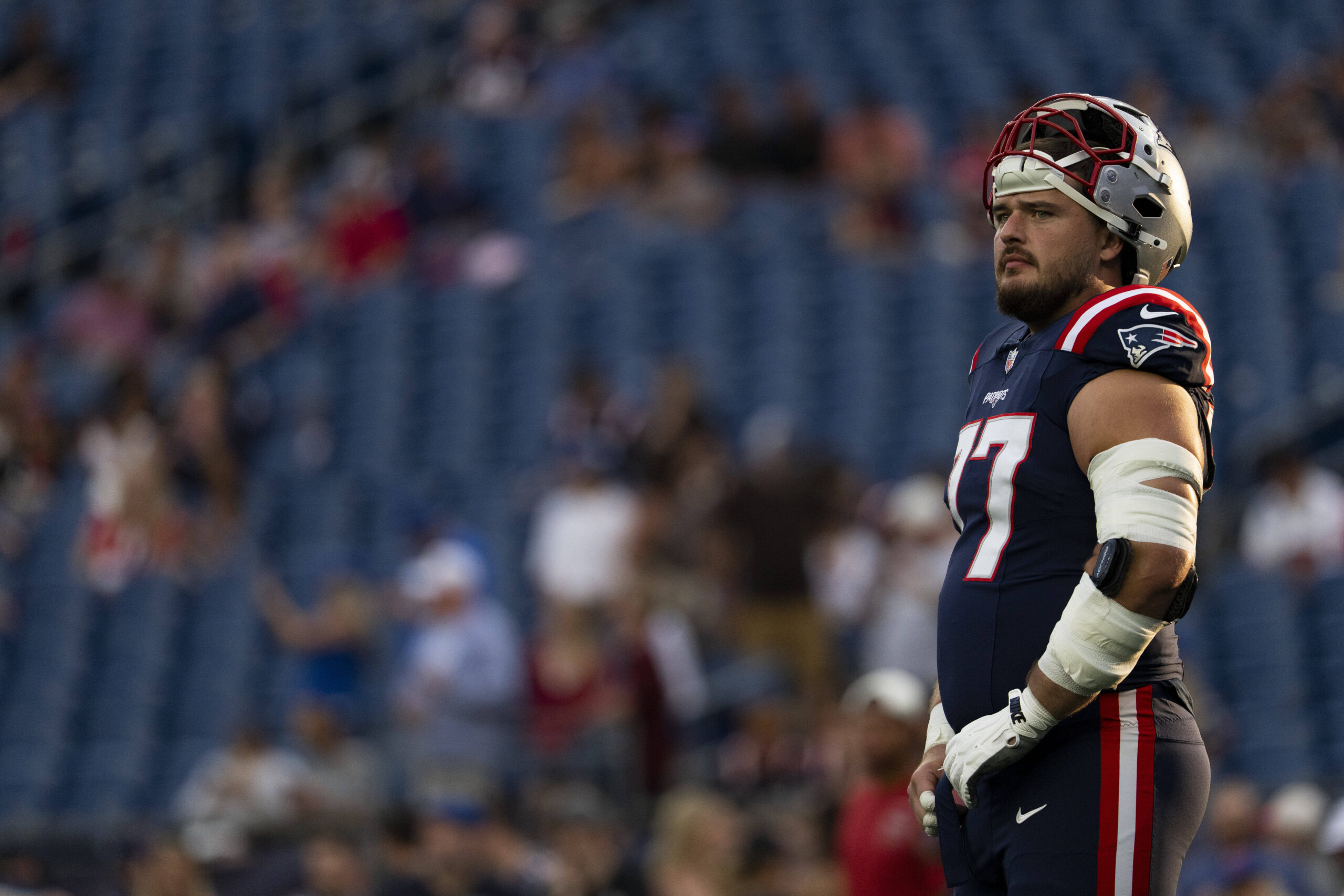 Aug 13, 2026; Foxborough, Massachusetts, USA; New England Patriots center Ben Brown (77) warms up before a preseason game against the Indianapolis Colts at Gillette Stadium. Mandatory Credit: Natalie Reid-Imagn Images
