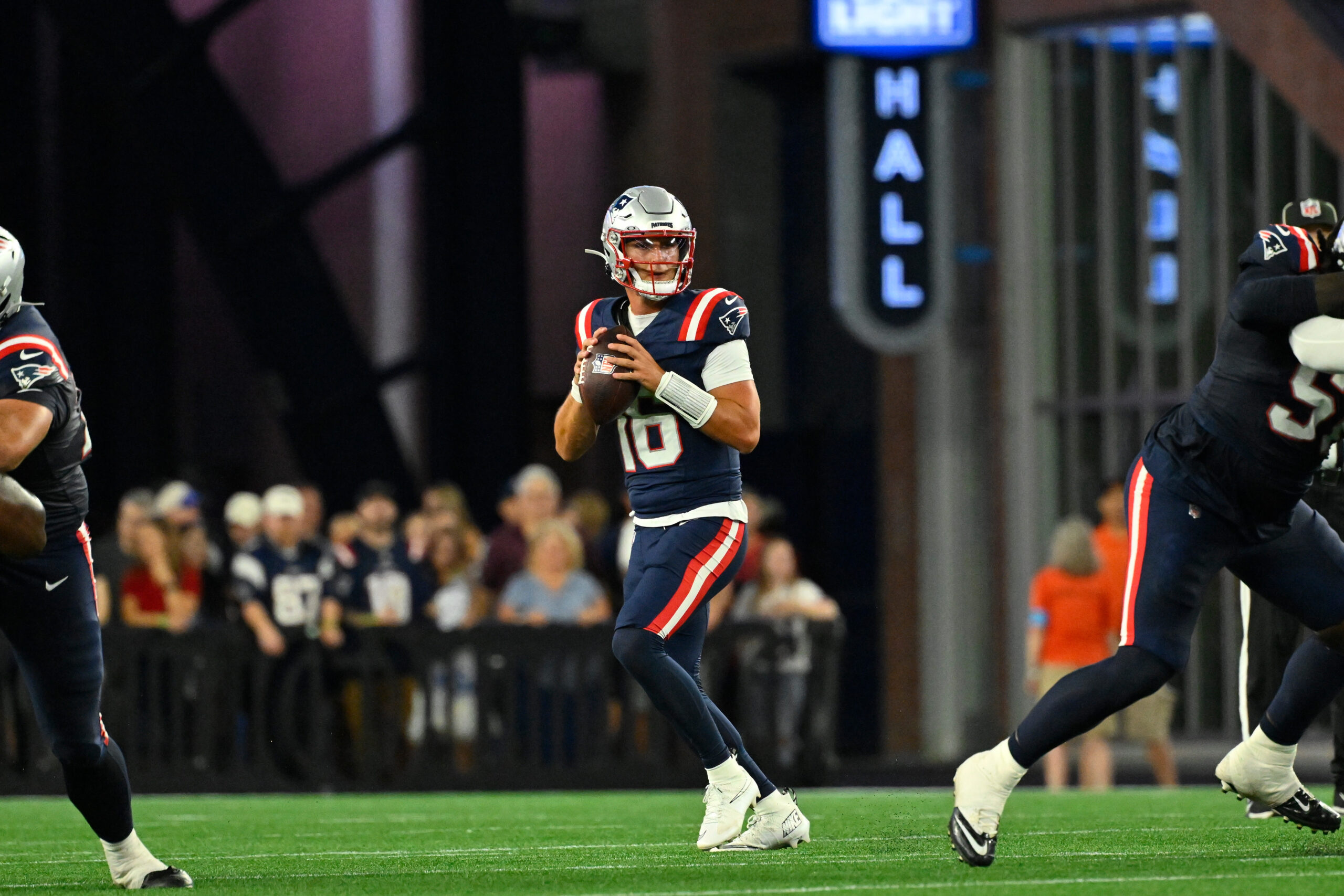 Aug 13, 2026; Foxborough, Massachusetts, USA; New England Patriots quarterback Tommy DeVito (16) throws a pass against the Indianapolis Colts during the first half at Gillette Stadium. Mandatory Credit: Eric Canha-Imagn Images