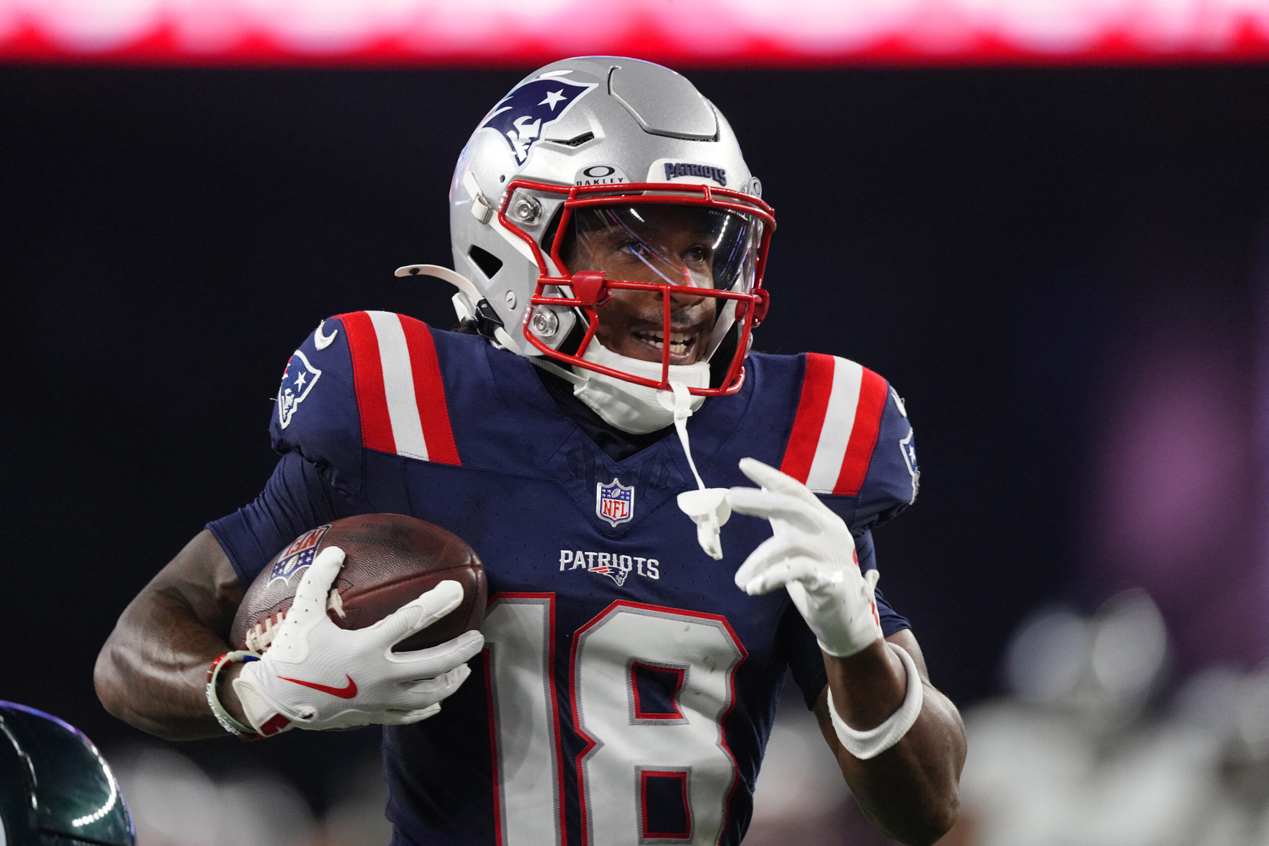 Aug 22, 2026; Foxborough, Massachusetts, USA;  New England Patriots wide receiver Kyle Williams (18) runs for a touchdown after making a catch against the Philadelphia Eagles  during the first half at Gillette Stadium.  Mandatory Credit: Gregory Fisher-Imagn Images