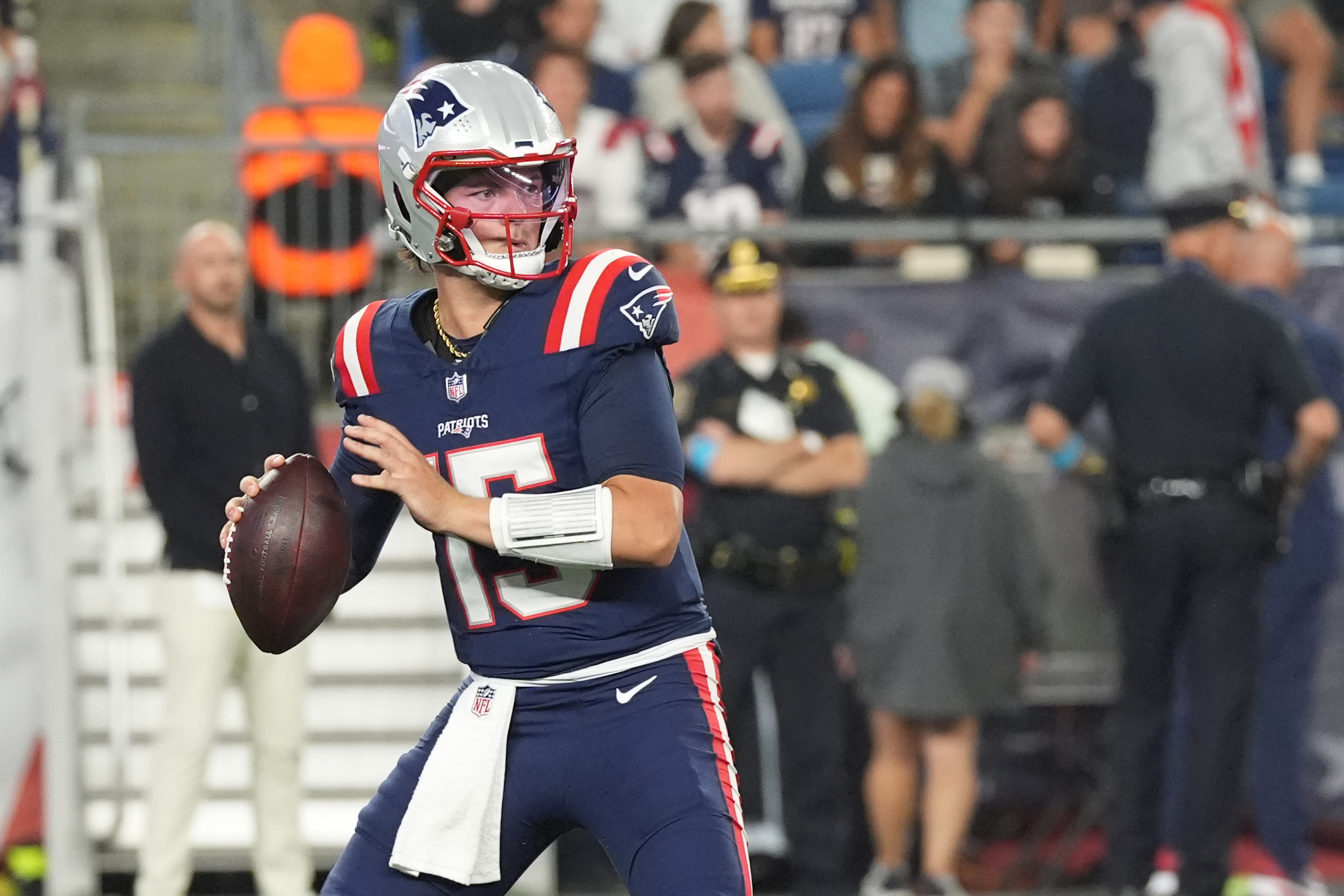 Aug 22, 2026; Foxborough, Massachusetts, USA;  New England Patriots quarterback Behren Morton (15) throws against the Philadelphia Eagles during the second half at Gillette Stadium.  Mandatory Credit: Gregory Fisher-Imagn Images